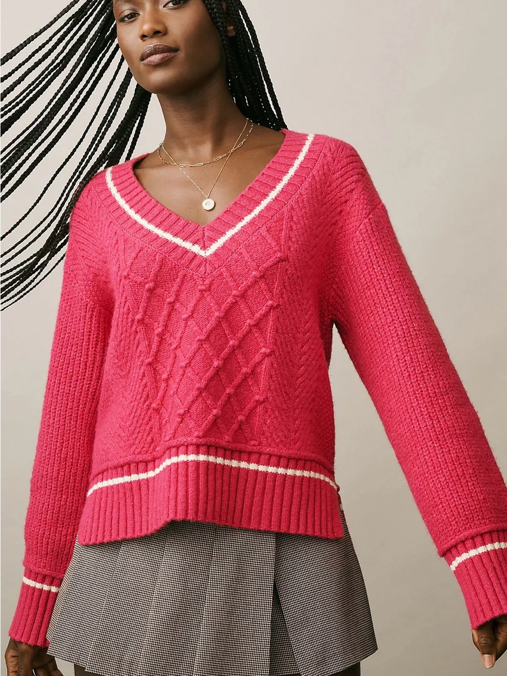 Anthropologie pink V-Neck Sweater with White Trim Accents